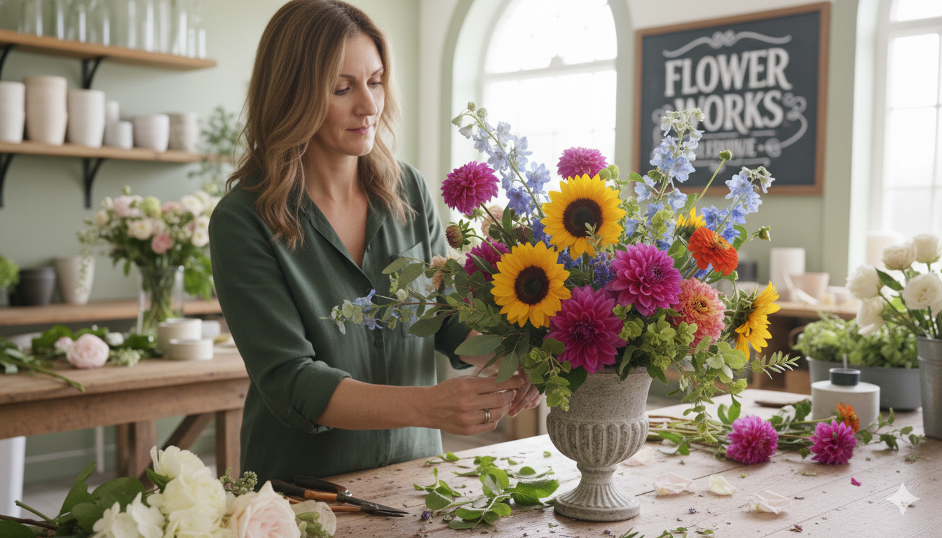 Custom floral arrangement being created