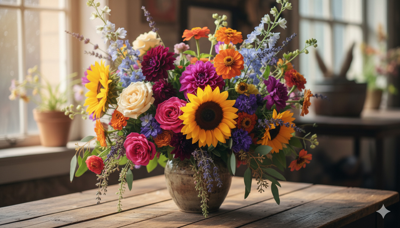 Vibrant mixed seasonal flower arrangement